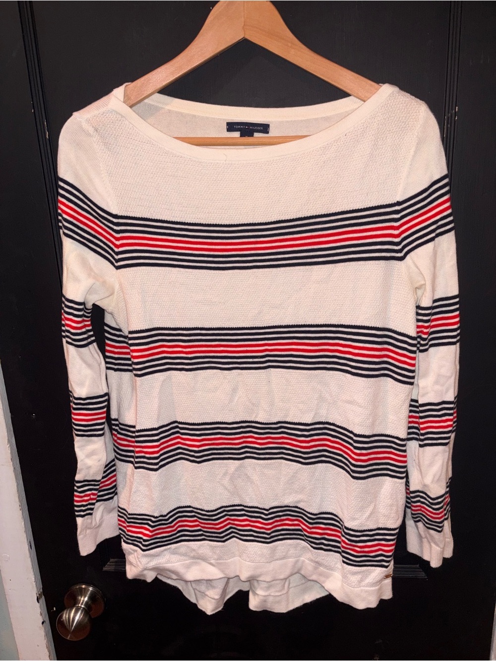 Tommy Hilfiger White Navy Red Striped Cotton Boat Neck Sweater Women’s Medium